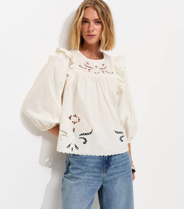 New Look Women's Cream Broderie Anglaise Frill Trim Blouse New Look - 2