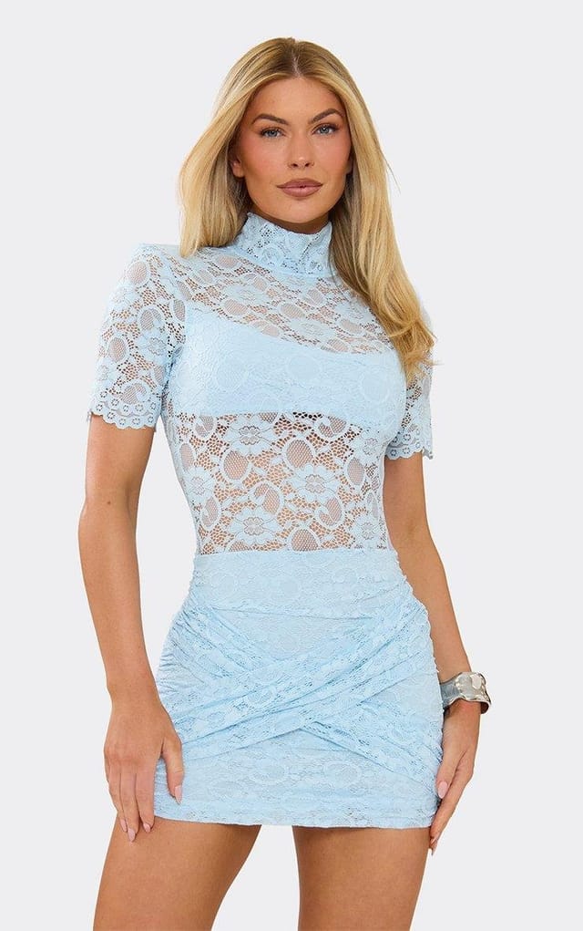 EGO High Neck Crossover Panel Detail Mini Dress In Baby Blue Lace, Women's Size UK 6 - 2