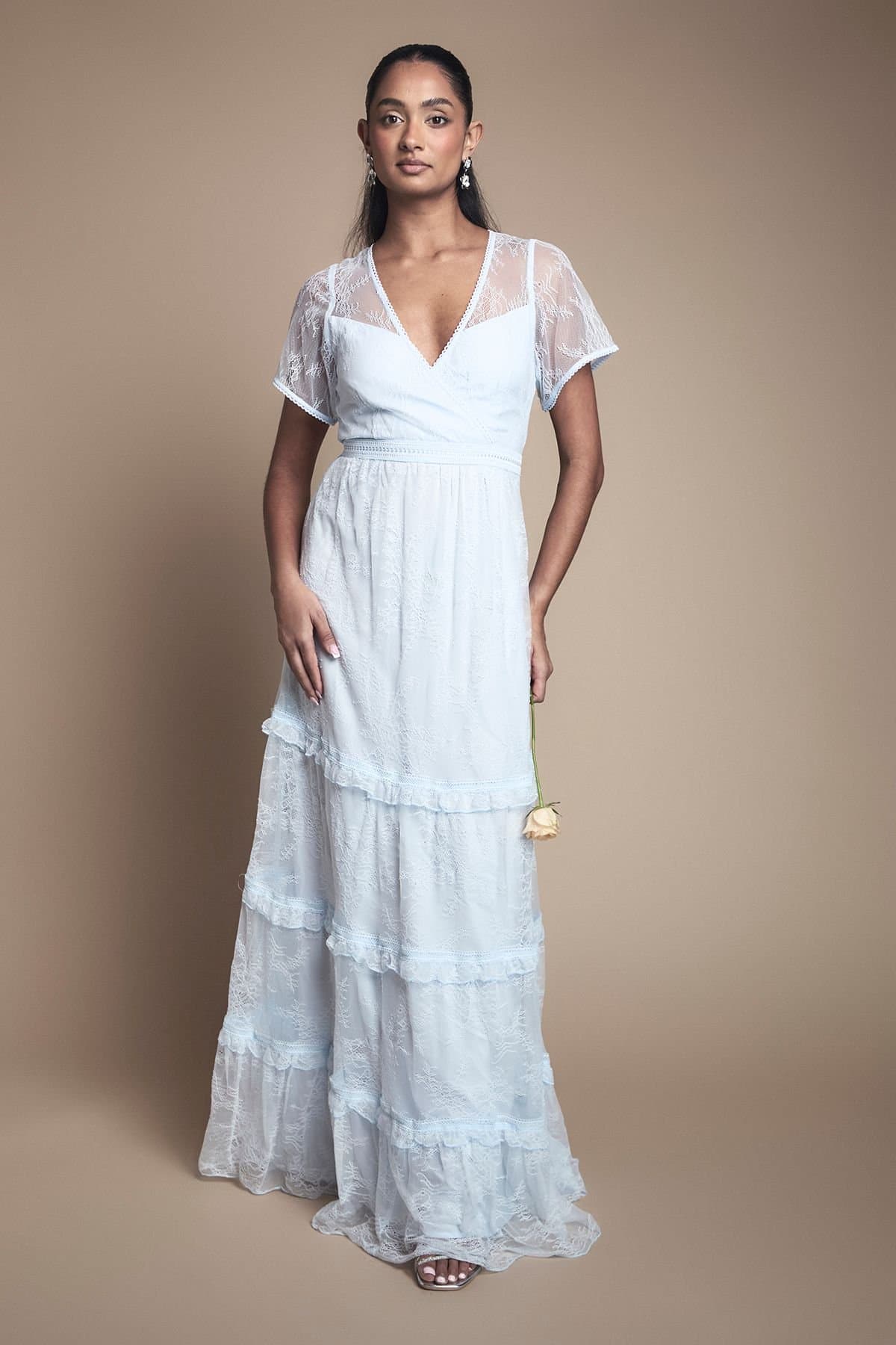 Oasis Oasis Women's Delicate Lace Trim Insert Tiered Maxi Bridesmaid Dress in Light Blue