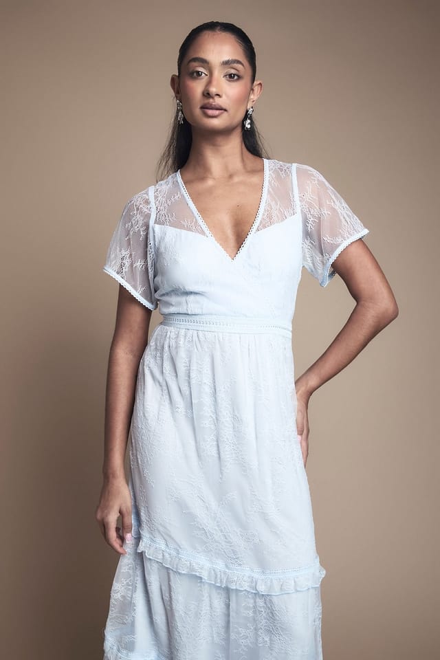 Oasis Oasis Women's Delicate Lace Trim Insert Tiered Maxi Bridesmaid Dress in Light Blue - 2