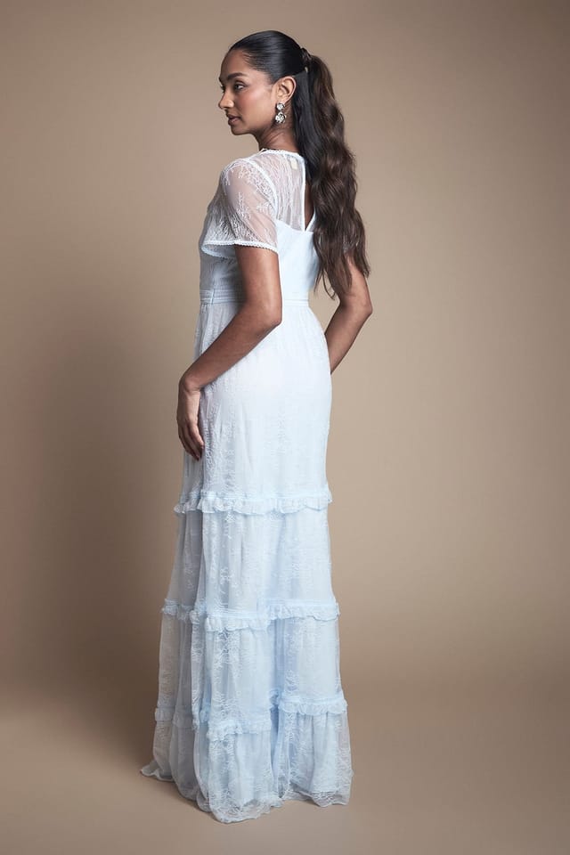 Oasis Oasis Women's Delicate Lace Trim Insert Tiered Maxi Bridesmaid Dress in Light Blue - 3