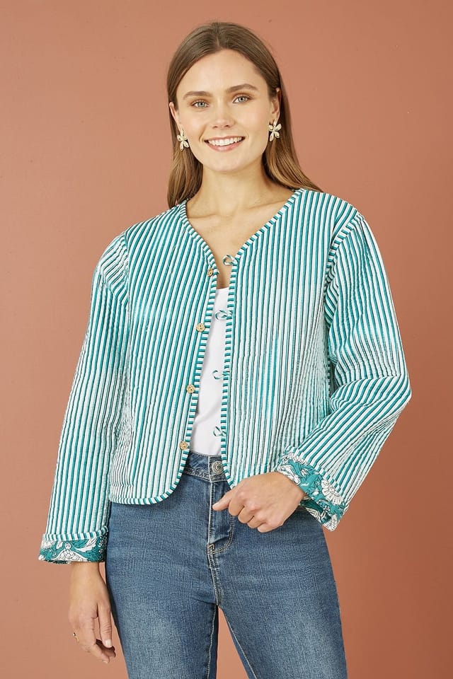 Yumi Yumi Women's Green Patchwork Print Reversible Cotton Quilted Jacket - 2