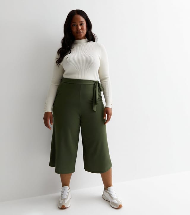 New Look Women's Plus Size Khaki Belted Crop Wide Leg Trousers Curves New Look - 3