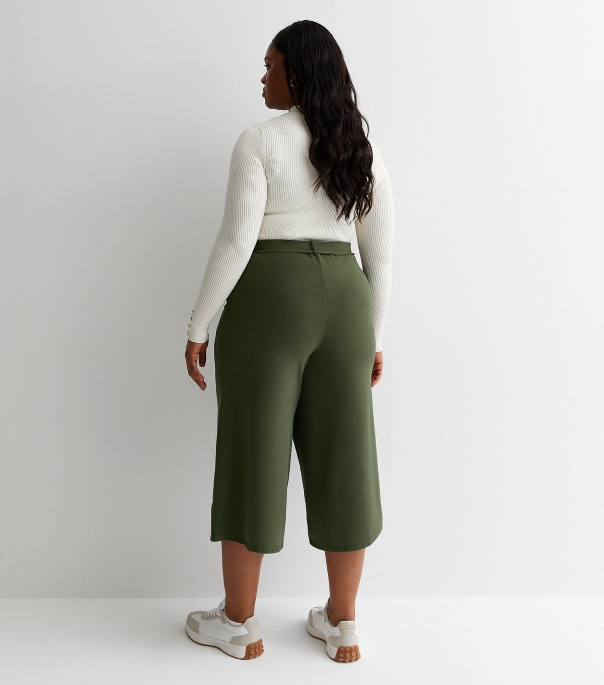 New Look Women's Plus Size Khaki Belted Crop Wide Leg Trousers Curves New Look - 4