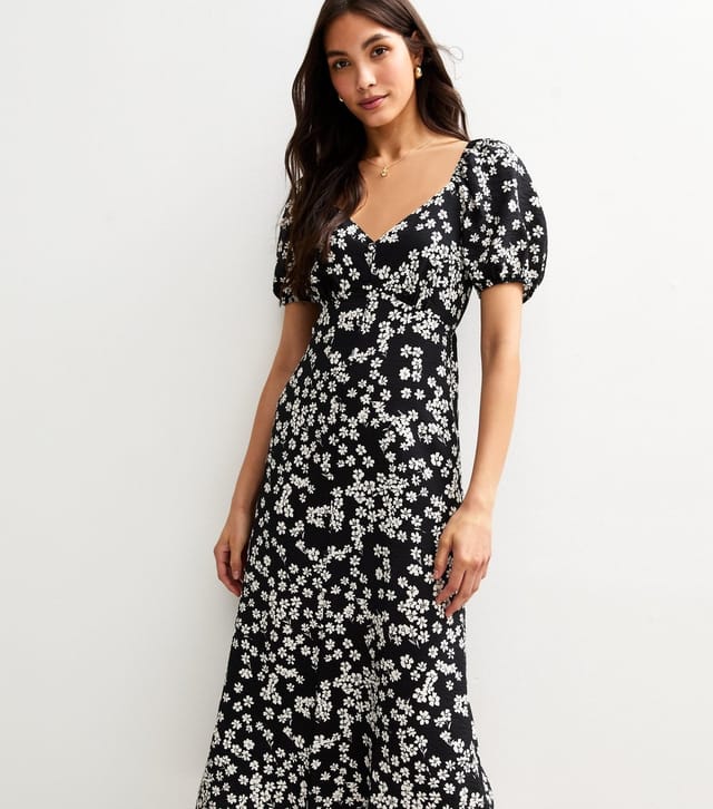 New Look Women's Black Floral Print Puff Sleeve Tiered Midi Dress New Look - 2