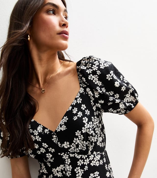 New Look Women's Black Floral Print Puff Sleeve Tiered Midi Dress New Look - 3