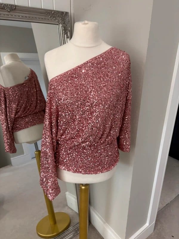 Never Fully Dressed Pink Sequin Off-Shoulder Top