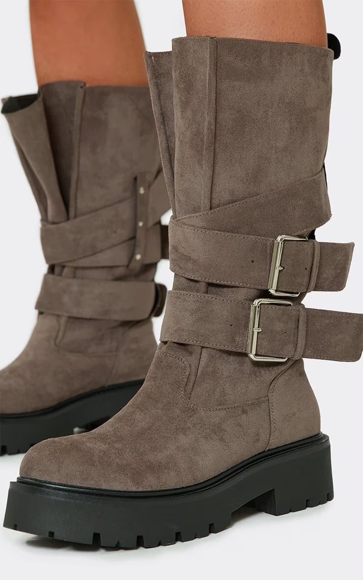 EGO Keoni Multi Buckle Detail Mid Calf Chunky Biker Boot In Grey Faux Suede, Women's Size UK 8