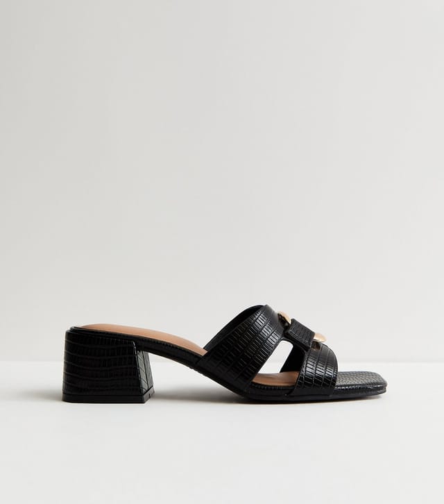 New Look Women's Black Faux Leather Square Toe Block Heel Mule Sandals Vegan New Look - 2
