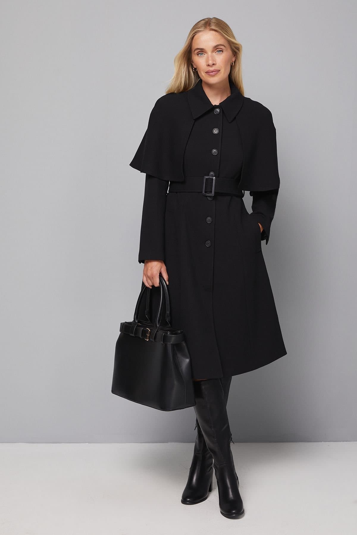 Wallis Wallis Women's Petite Collarless Cape Coat in Black