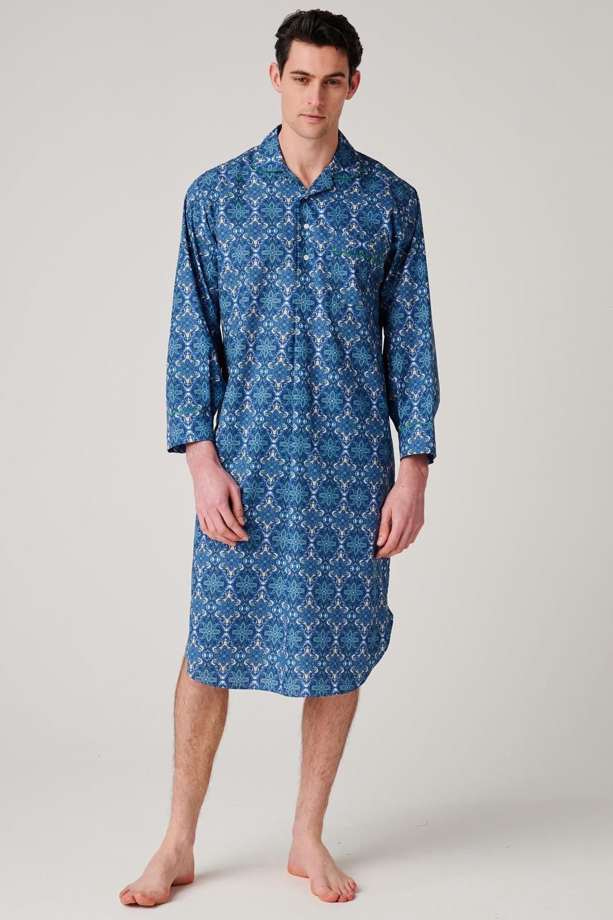 British Boxers British Boxers Men's "Marrakesh Paisley" Crisp Cotton Nightshirt in Bright Blue