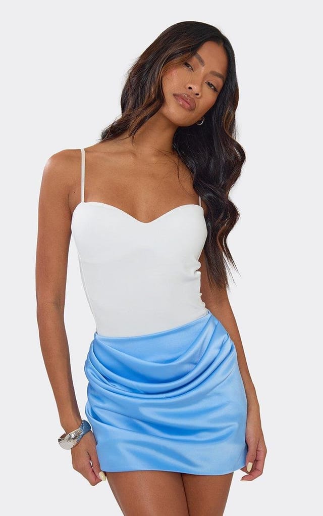 EGO Mid Rise Ruched Draped Front Mini Skirt In Blue Satin, Women's Size UK 6 - 2