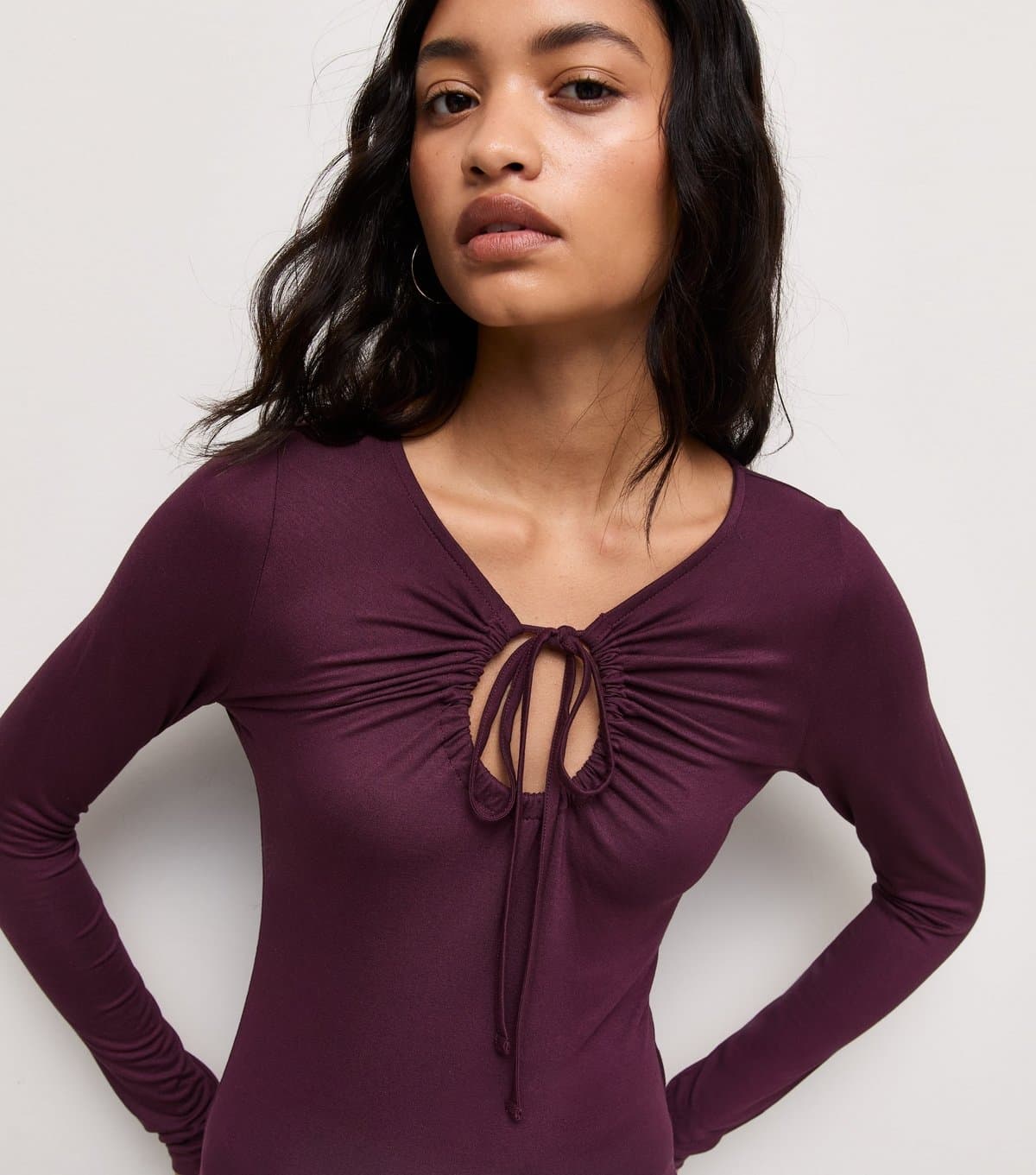 New Look Women's Burgundy Tie Keyhole Long Sleeve Top New Look