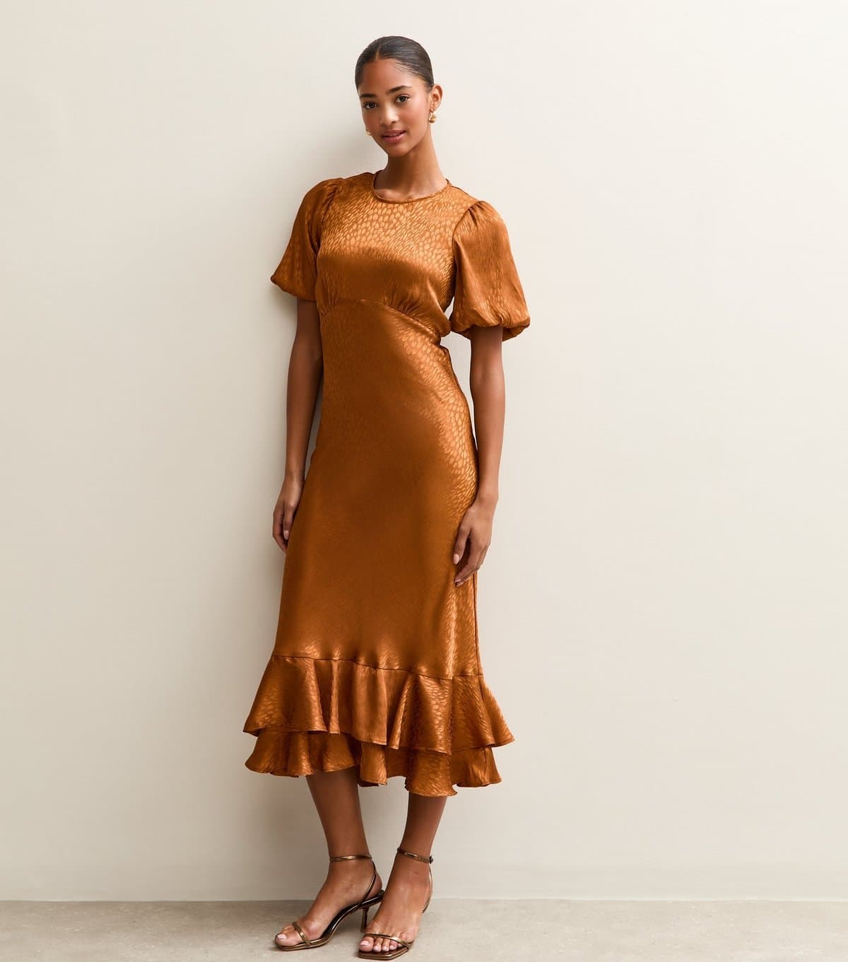 New Look Women's Light Brown Feather Jacquard Satin Midi Dress New Look