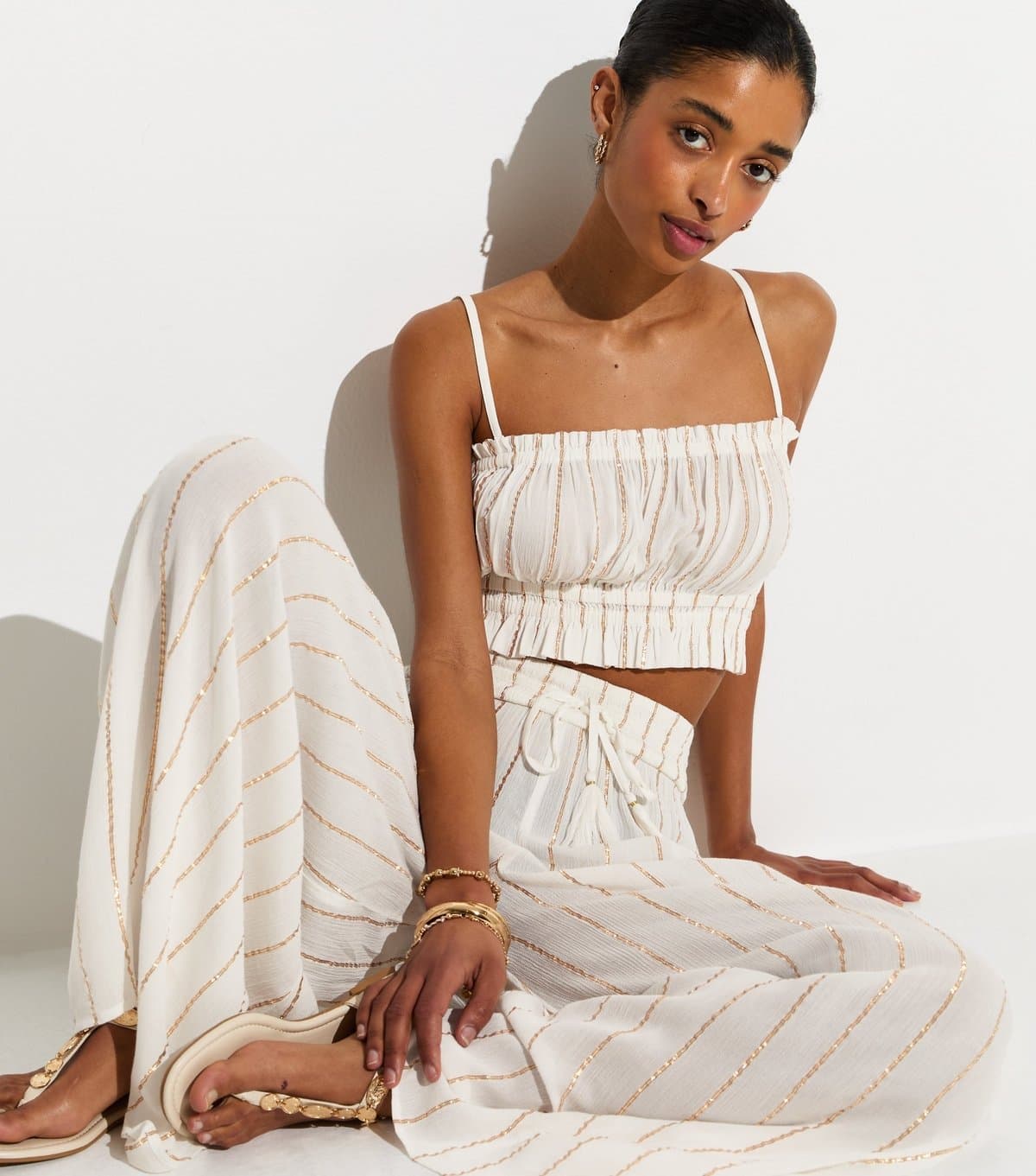 New Look Women's White Metallic Striped Shirred Crop Top New Look