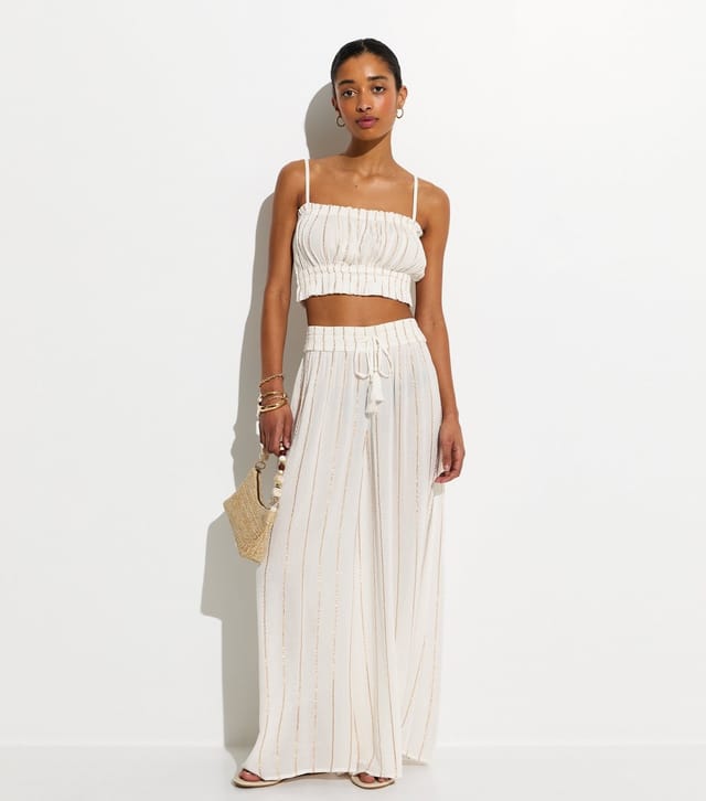 New Look Women's White Metallic Striped Shirred Crop Top New Look - 3