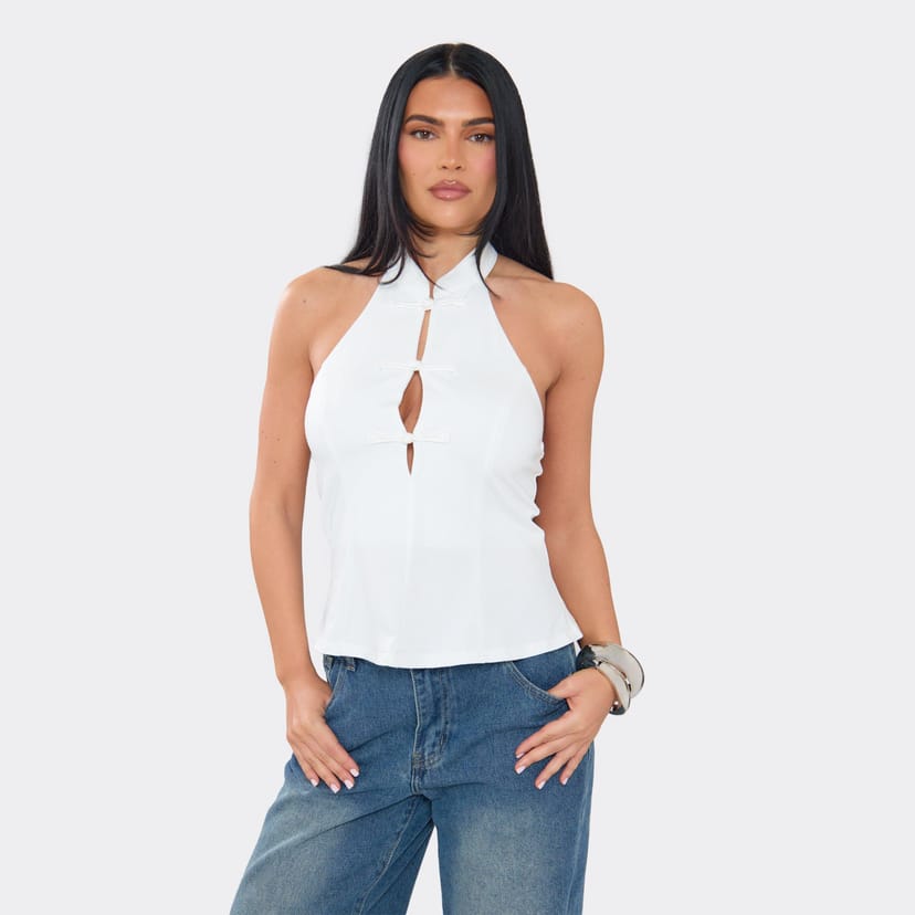 EGO Sleeveless Bow Detail Cut Out Top In White, Women's Size UK M/L - 1