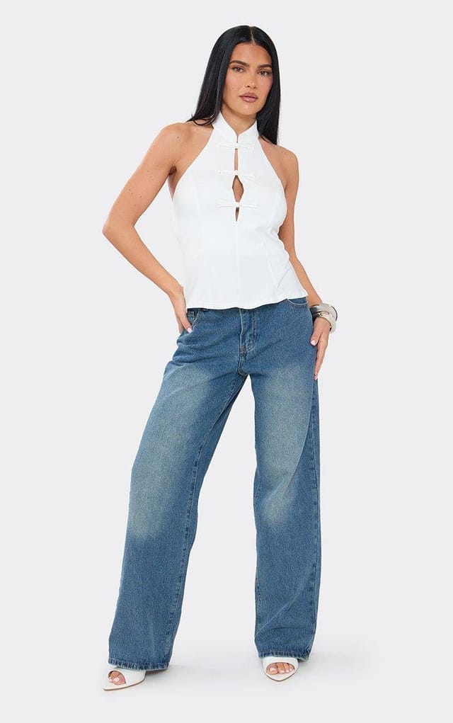 EGO Sleeveless Bow Detail Cut Out Top In White, Women's Size UK M/L - 2