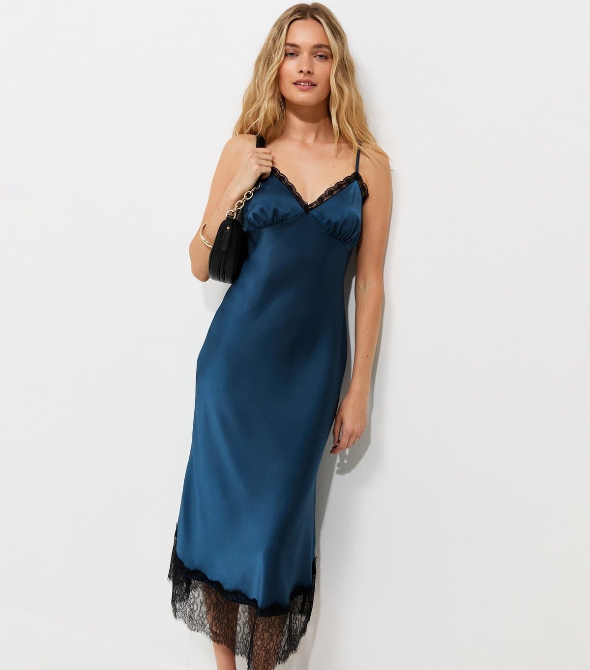 New Look Women's Navy Satin Lace Hem Strappy Midi Dress New Look
