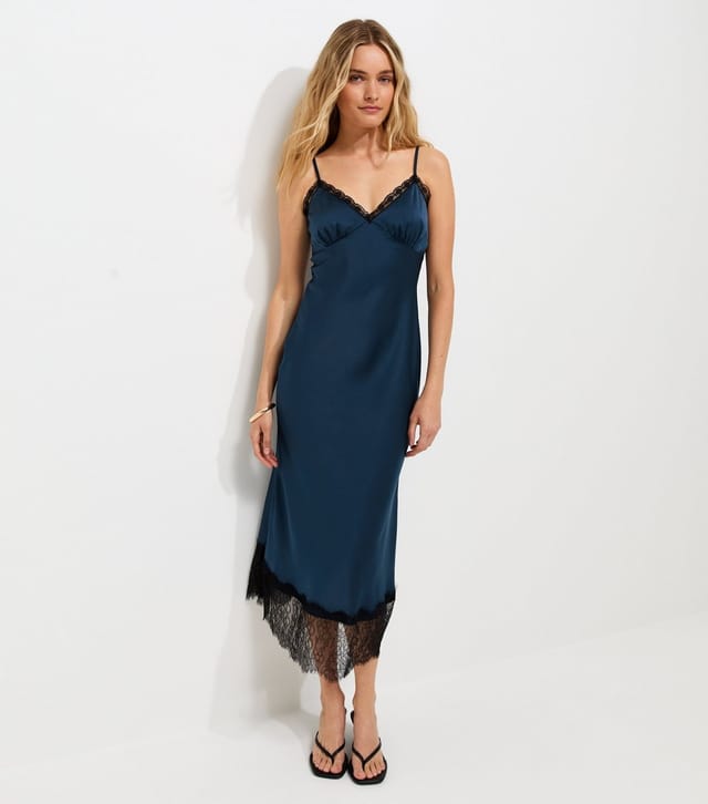 New Look Women's Navy Satin Lace Hem Strappy Midi Dress New Look - 3