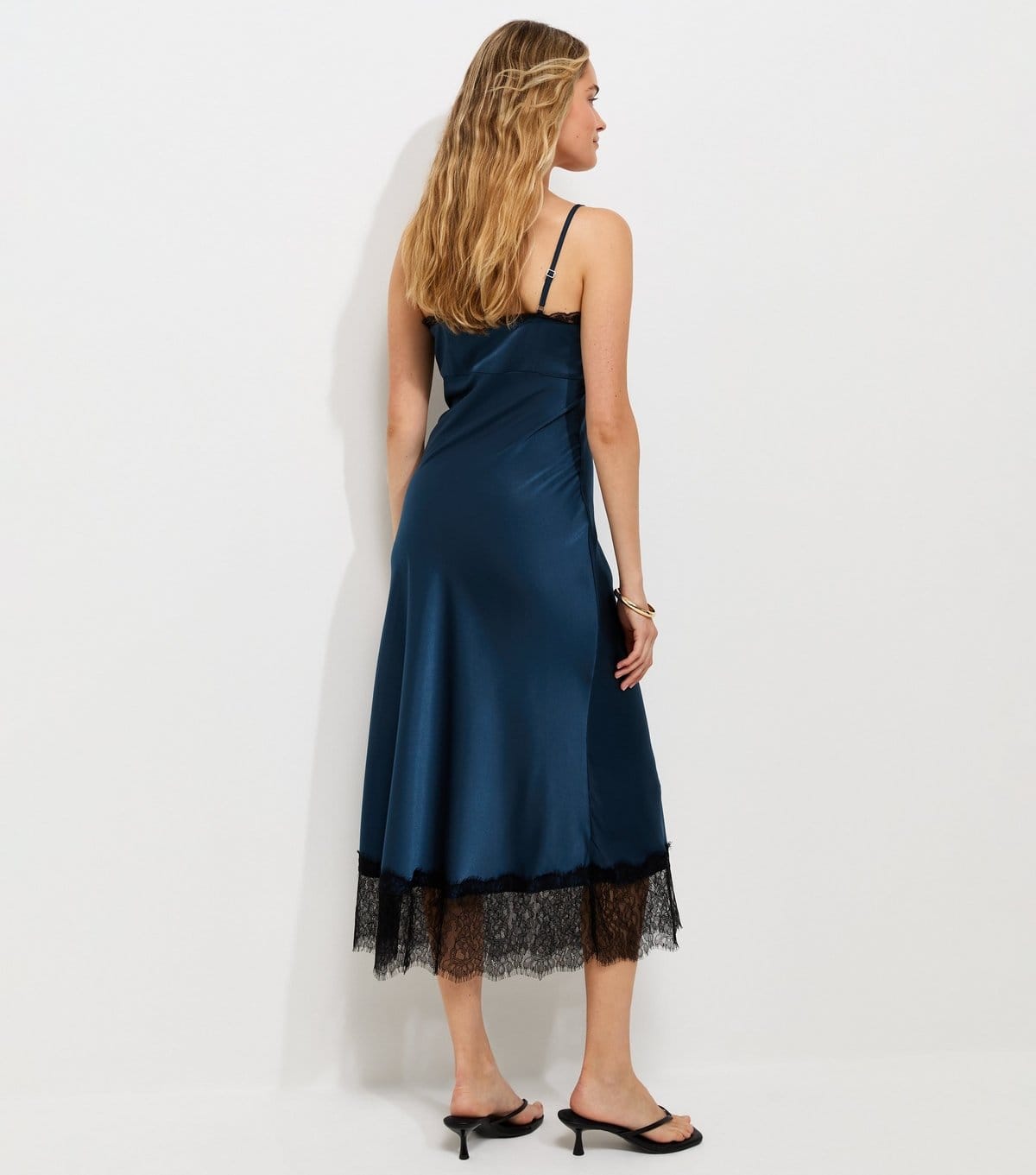 New Look Women's Navy Satin Lace Hem Strappy Midi Dress New Look - 4