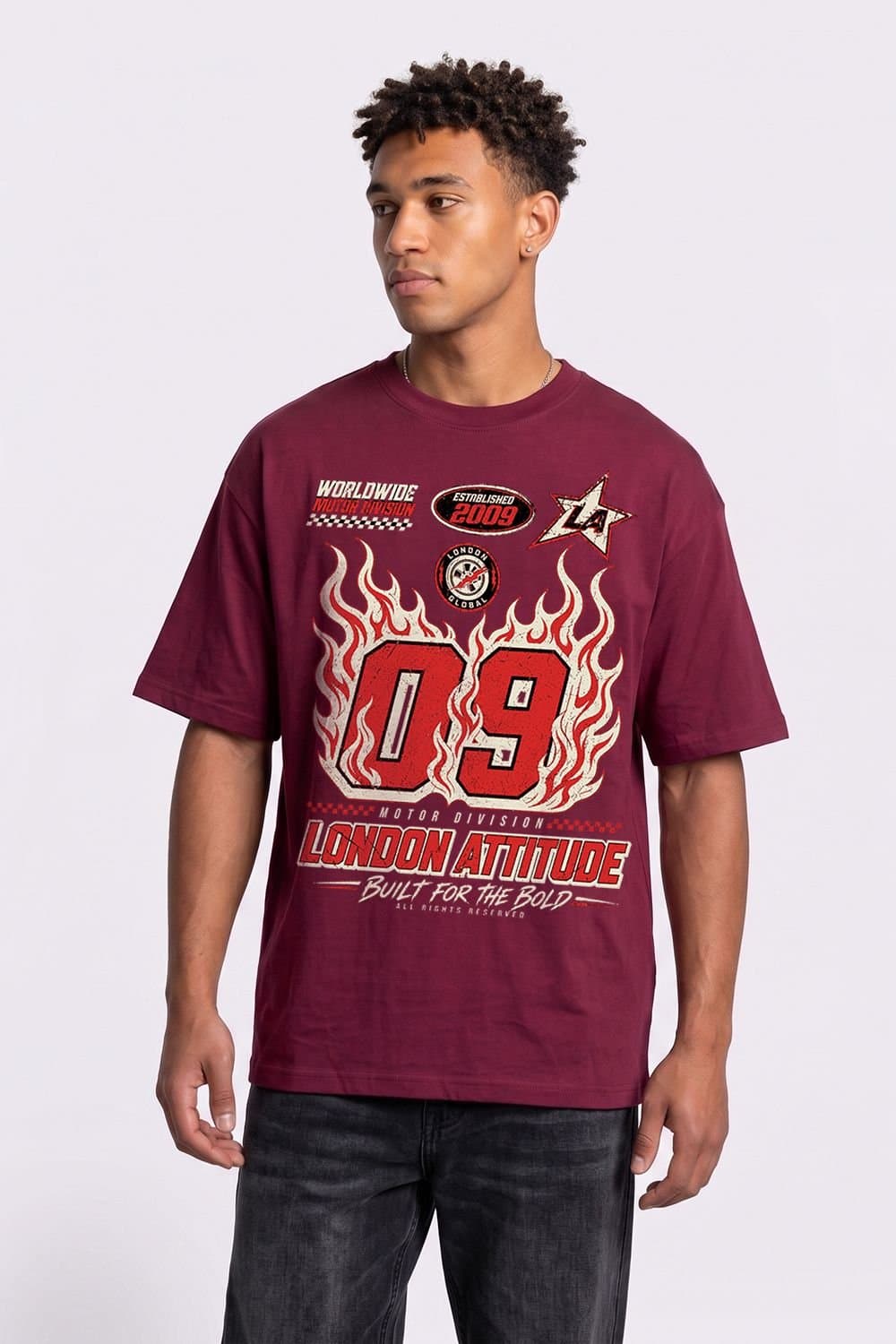 LONDON ATTITUDE LONDON ATTITUDE Men's Racing Oversized Heavyweight Graphic T-Shirt in Burgundy