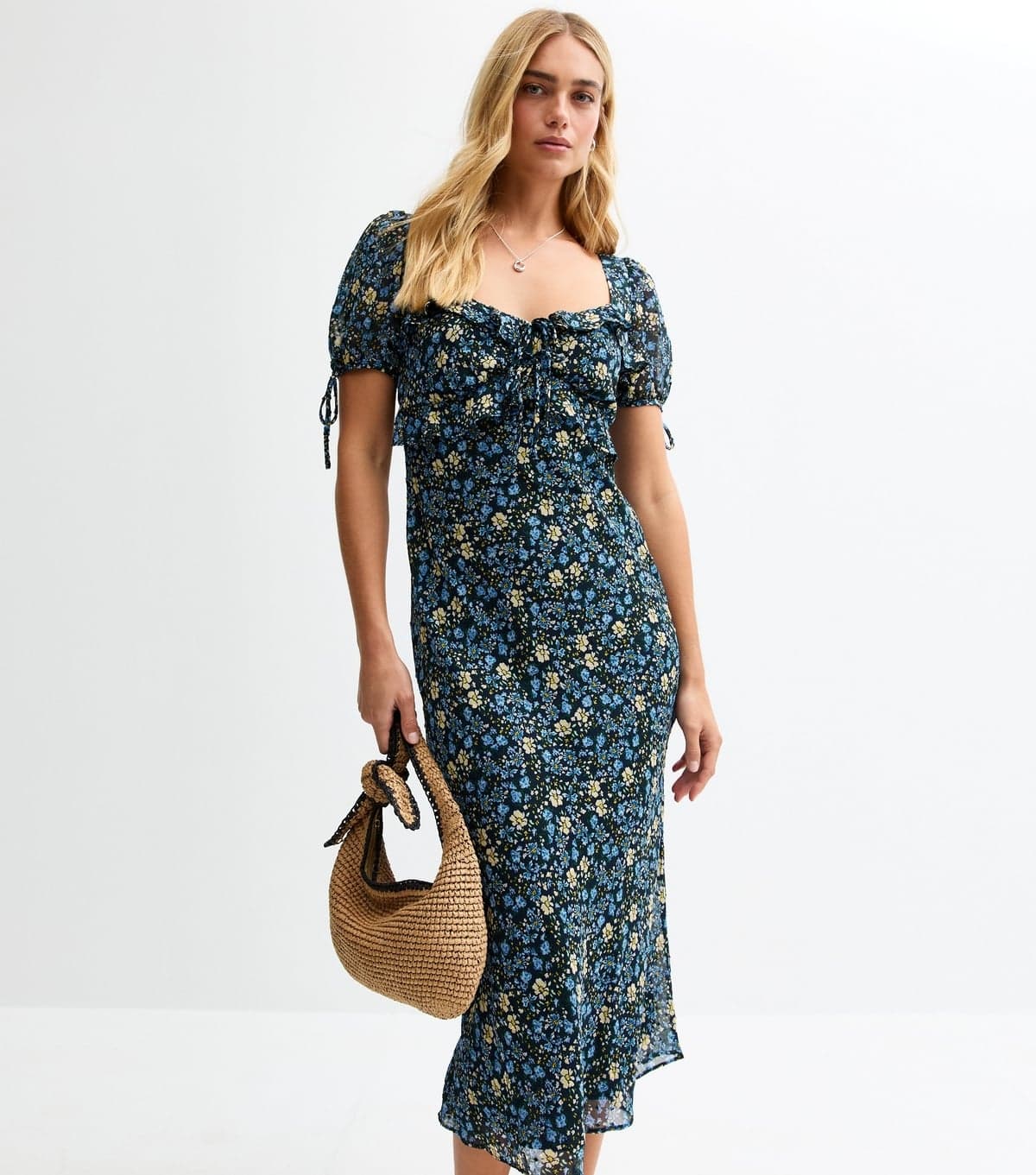 New Look Women's Blue Floral Print Tie Sleeve Chiffon Midi Dress New Look