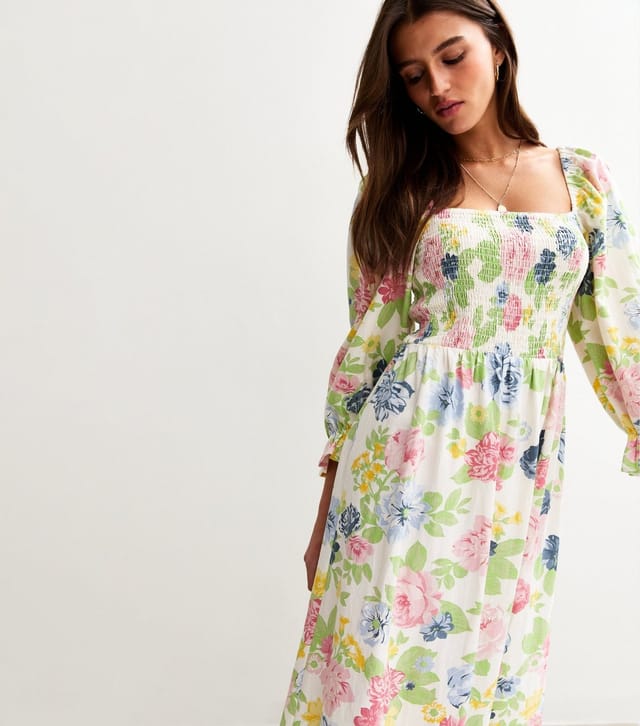 New Look Women's Cream Floral Print Shirred Midi Dress New Look - 2