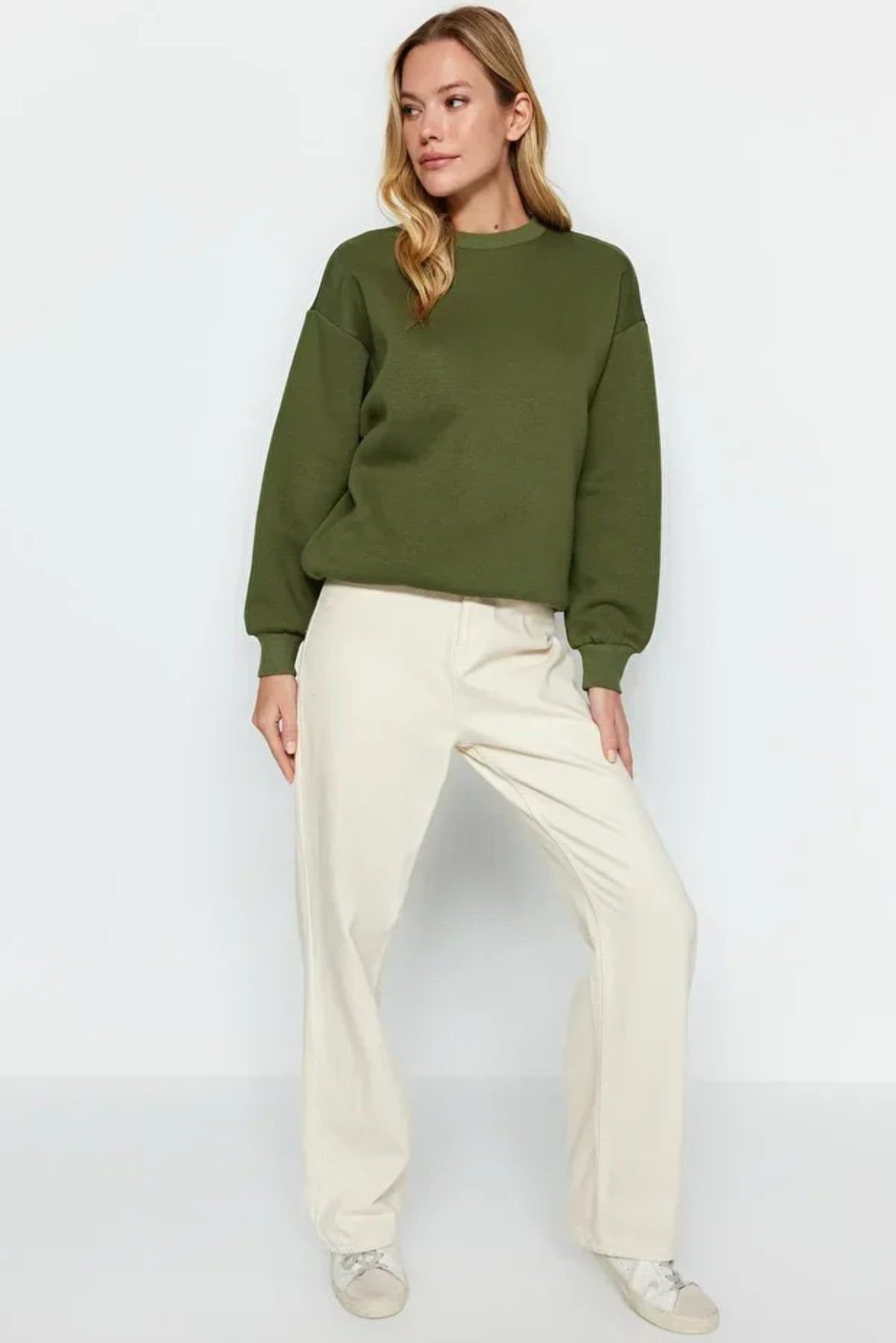 HOXTON GAL HOXTON GAL Women's Thick Fleece-Lined Regular Fit Crew Neck Sweatshirt in Khaki - 3