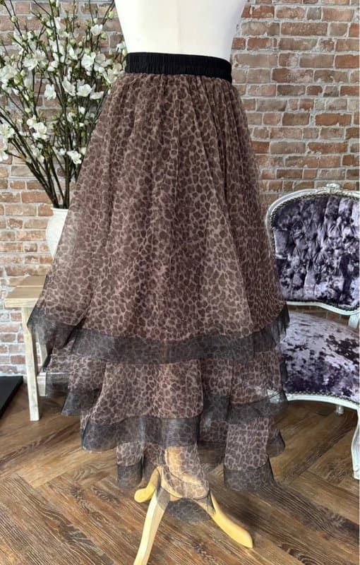 Malissa J 🐆 BNWT Malissa J Leopard Print Layered Tulle Midi Skirt Brown Black S M