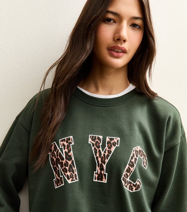 New Look Women's Dark Khaki NYC Leopard Print Logo Sweatshirt New Look - 3