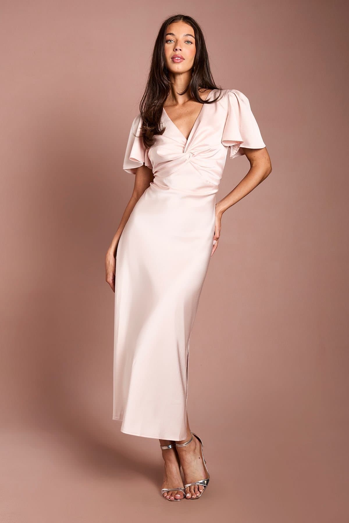 Oasis Oasis Women's Blush Satin Twist Front Angel Sleeve Midi Bridesmaid Dress