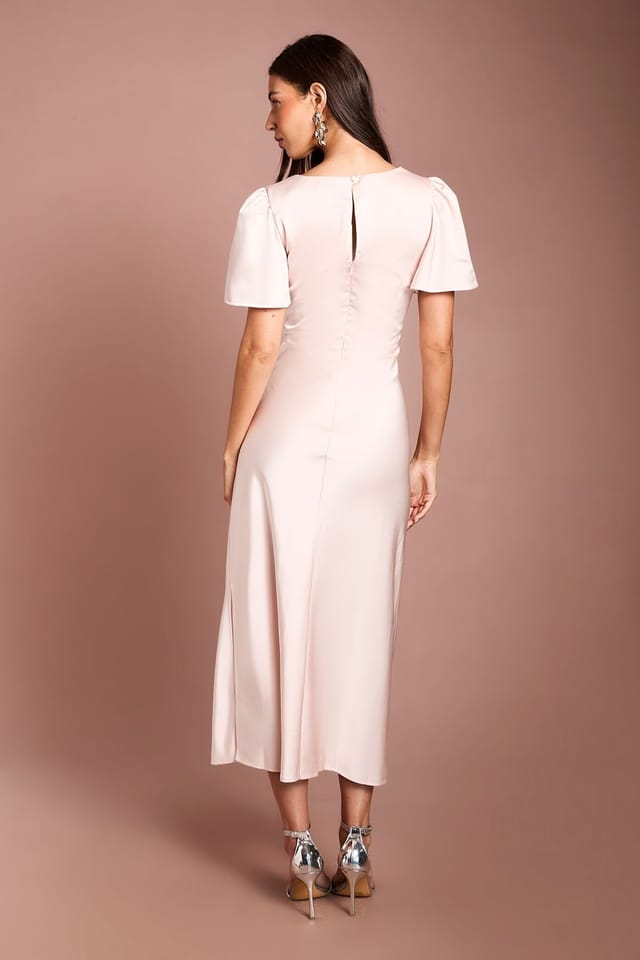 Oasis Oasis Women's Blush Satin Twist Front Angel Sleeve Midi Bridesmaid Dress - 3