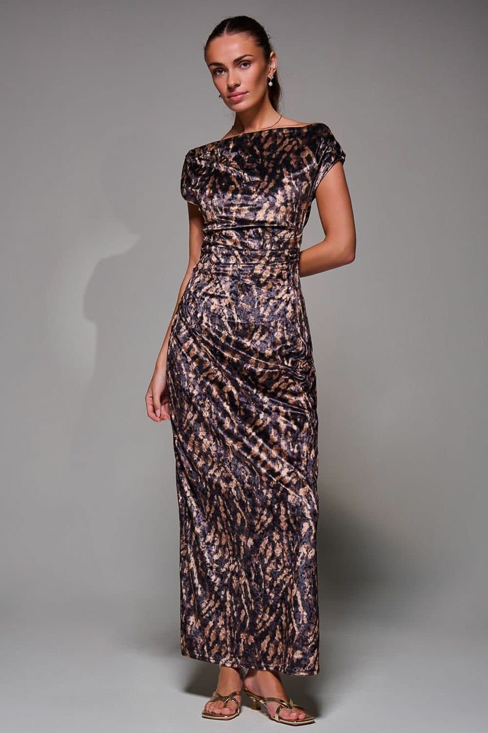 Jolie Moi Jolie Moi Women's Printed Velvet Draped Maxi Dress in Brown