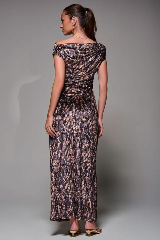 Jolie Moi Jolie Moi Women's Printed Velvet Draped Maxi Dress in Brown - 2