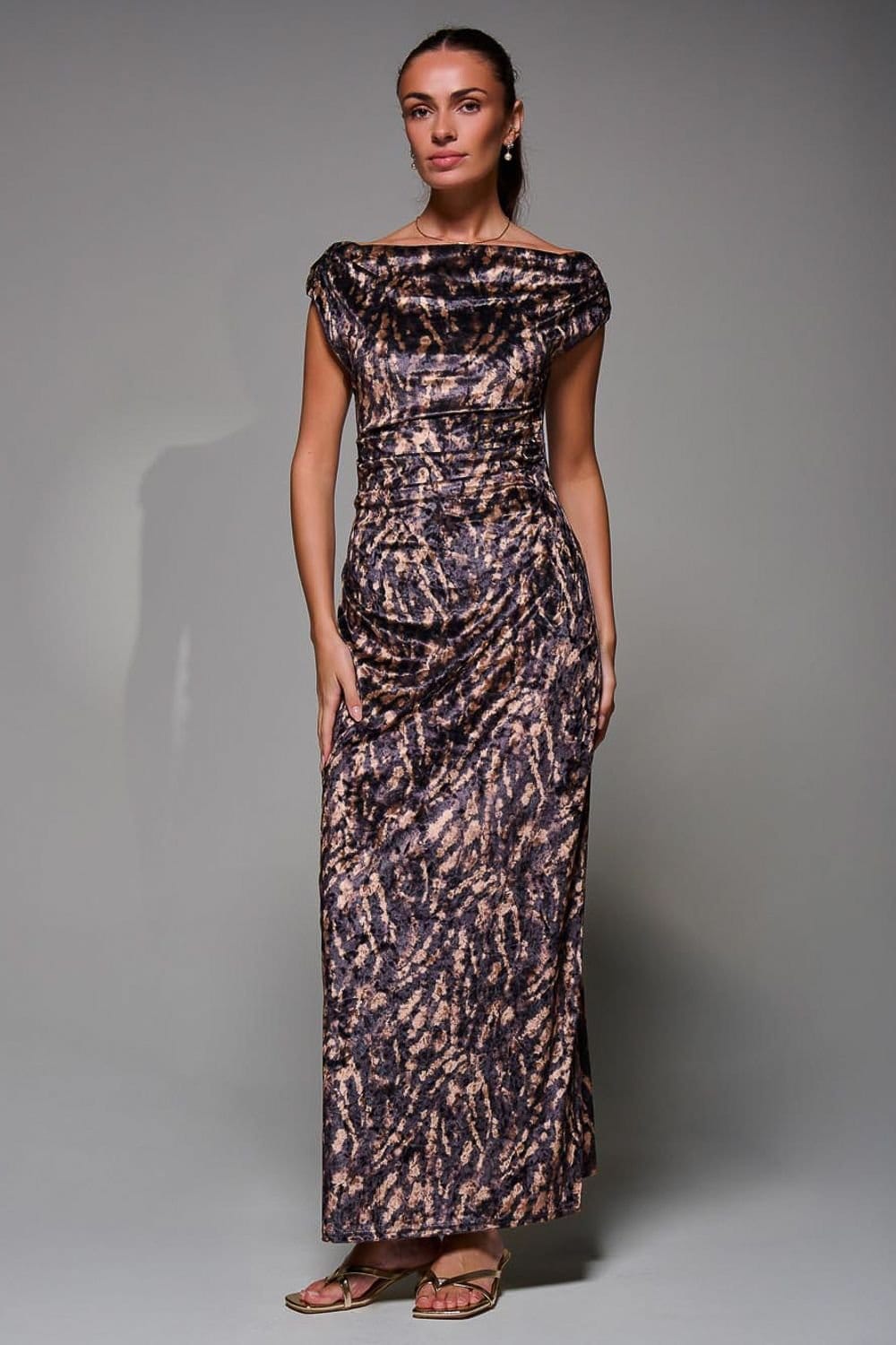 Jolie Moi Jolie Moi Women's Printed Velvet Draped Maxi Dress in Brown - 4
