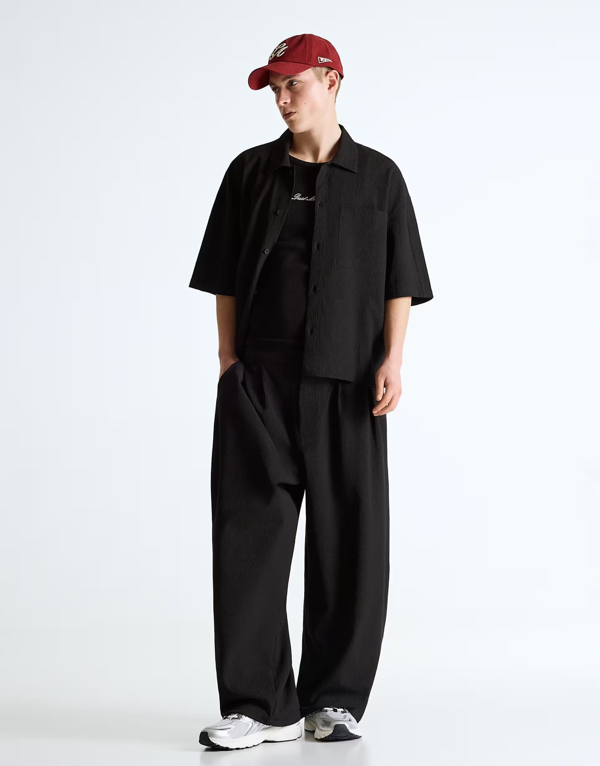 ASOS Bershka Pleated semi-jogger super baggy trousers in black
