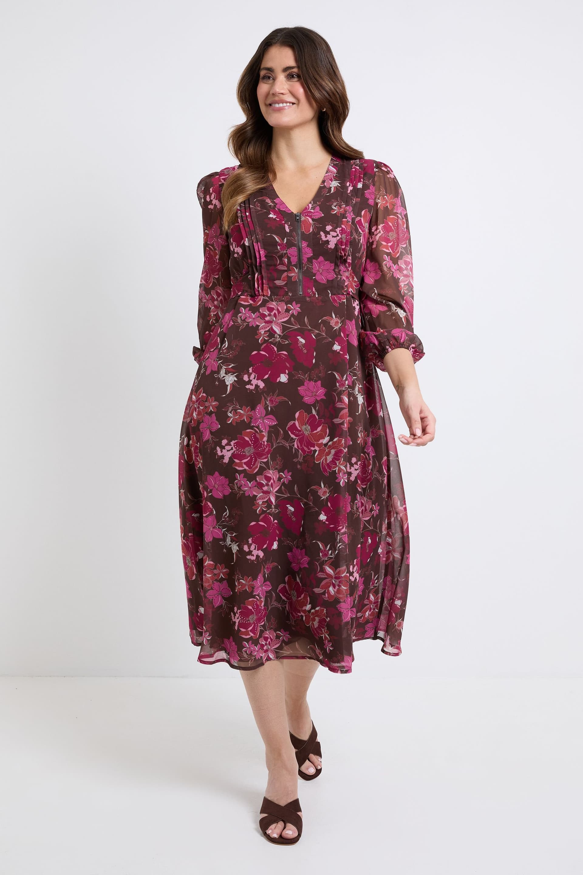 Wallis Wallis Women's Floral pintuck Zip Midi Dress in Chocolate