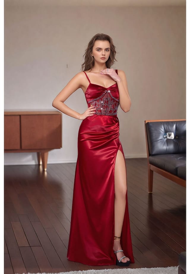 Divine Grace Divine Grace Women's Red Satin Embellished Maxi Dress - 2