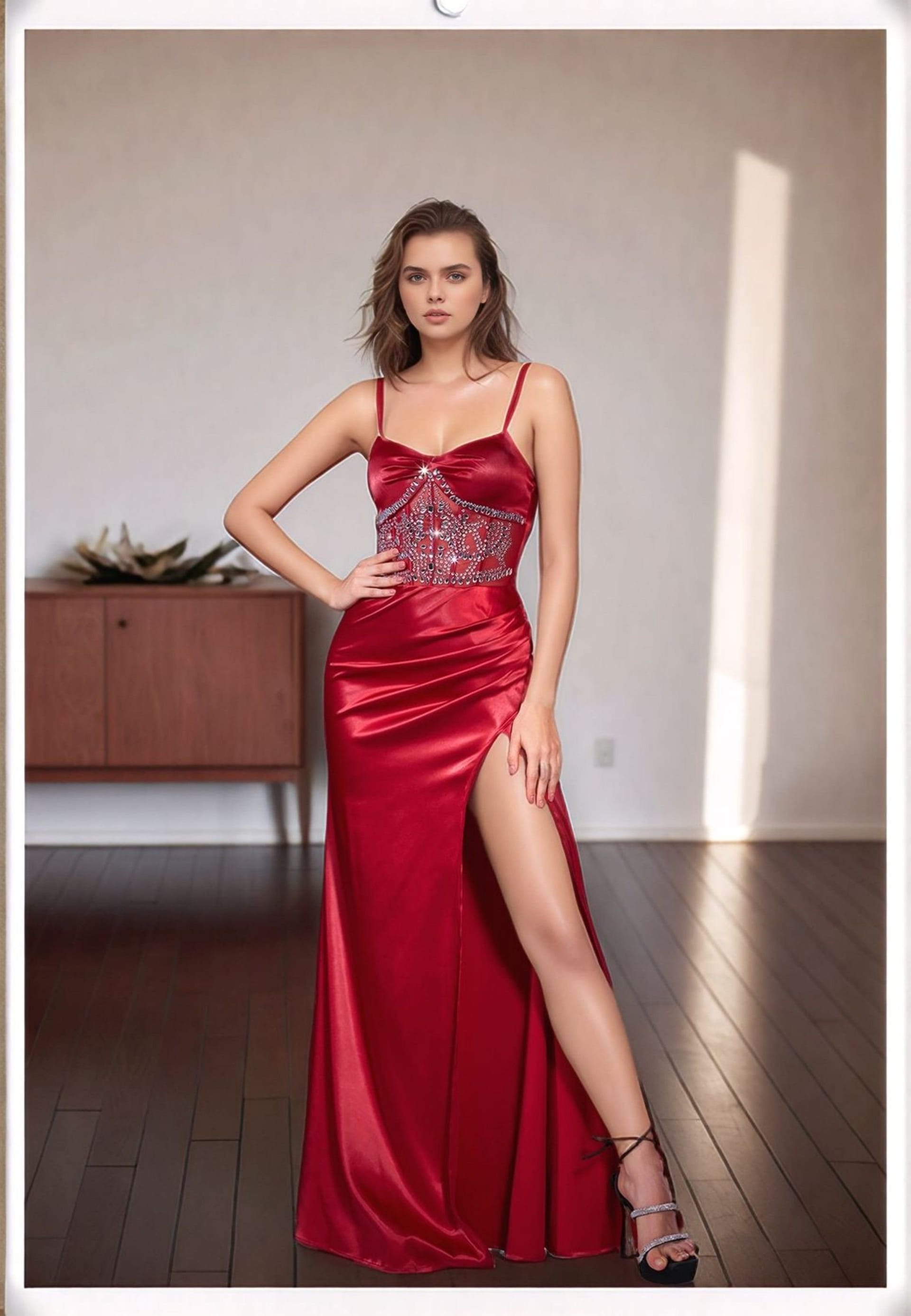 Divine Grace Divine Grace Women's Red Satin Embellished Maxi Dress - 4