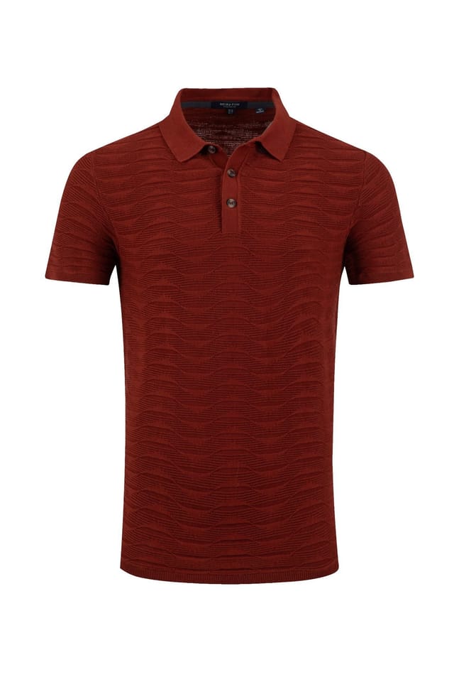 Weird Fish Weird Fish Men's Emmet Trophy Neck Knitted Polo Shirt in Terracotta - 2