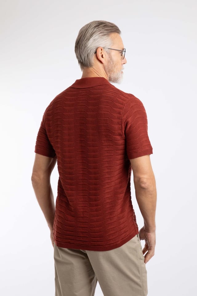 Weird Fish Weird Fish Men's Emmet Trophy Neck Knitted Polo Shirt in Terracotta - 3