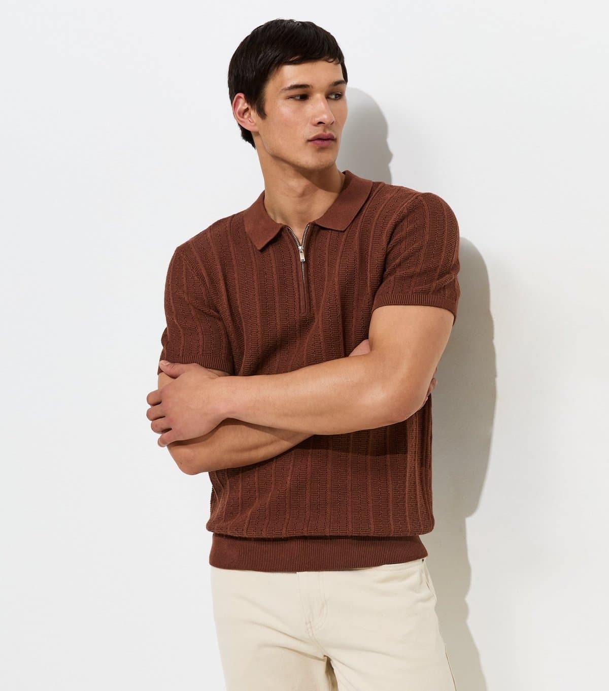 New Look Men's Dark Brown Cotton Rich Regular Fit Vertical Texture Zip Polo Shirt New Look