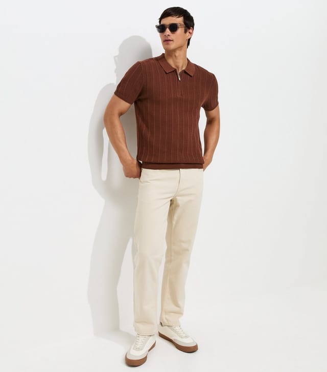 New Look Men's Dark Brown Cotton Rich Regular Fit Vertical Texture Zip Polo Shirt New Look - 2