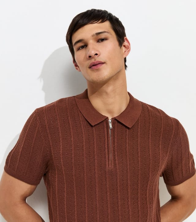 New Look Men's Dark Brown Cotton Rich Regular Fit Vertical Texture Zip Polo Shirt New Look - 3