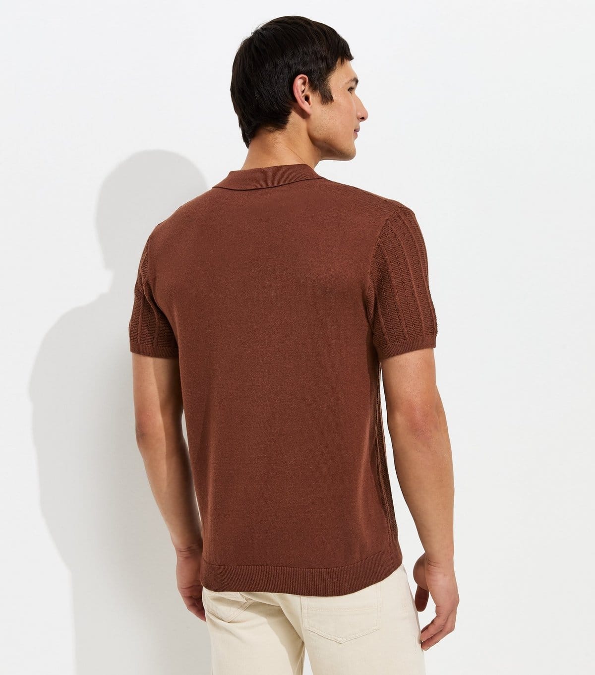 New Look Men's Dark Brown Cotton Rich Regular Fit Vertical Texture Zip Polo Shirt New Look - 4