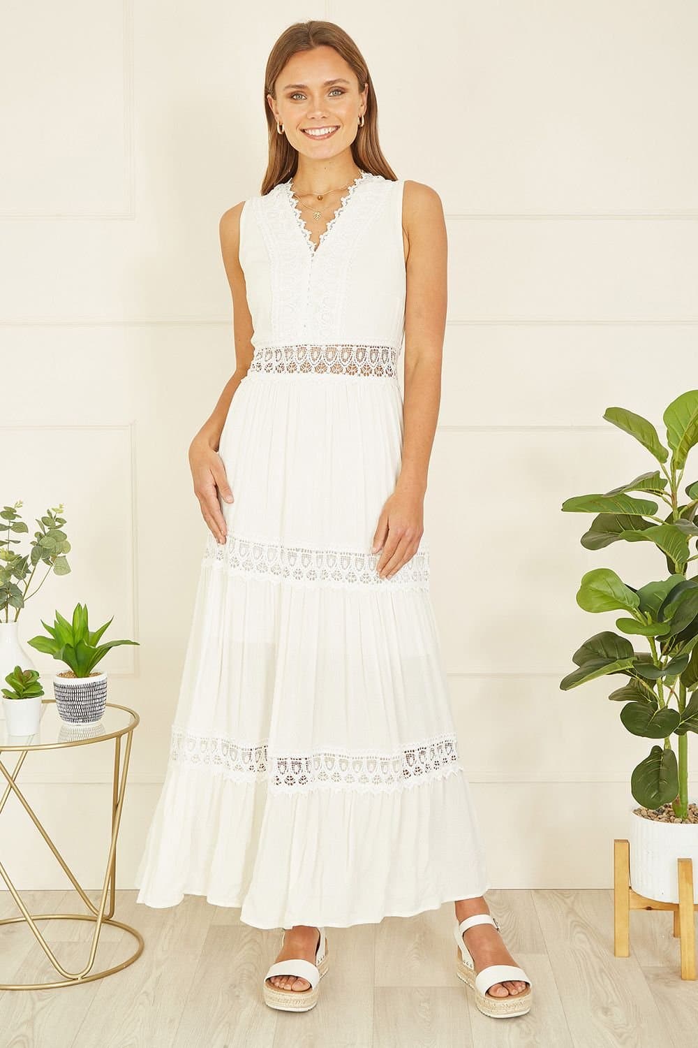 Yumi Yumi Women's White Lace Trim Cotton Midi Sun Dress