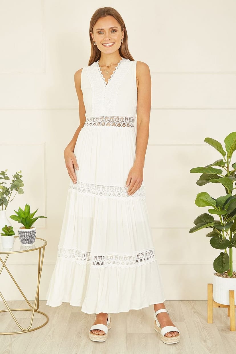 Yumi Yumi Women's White Lace Trim Cotton Midi Sun Dress - 1
