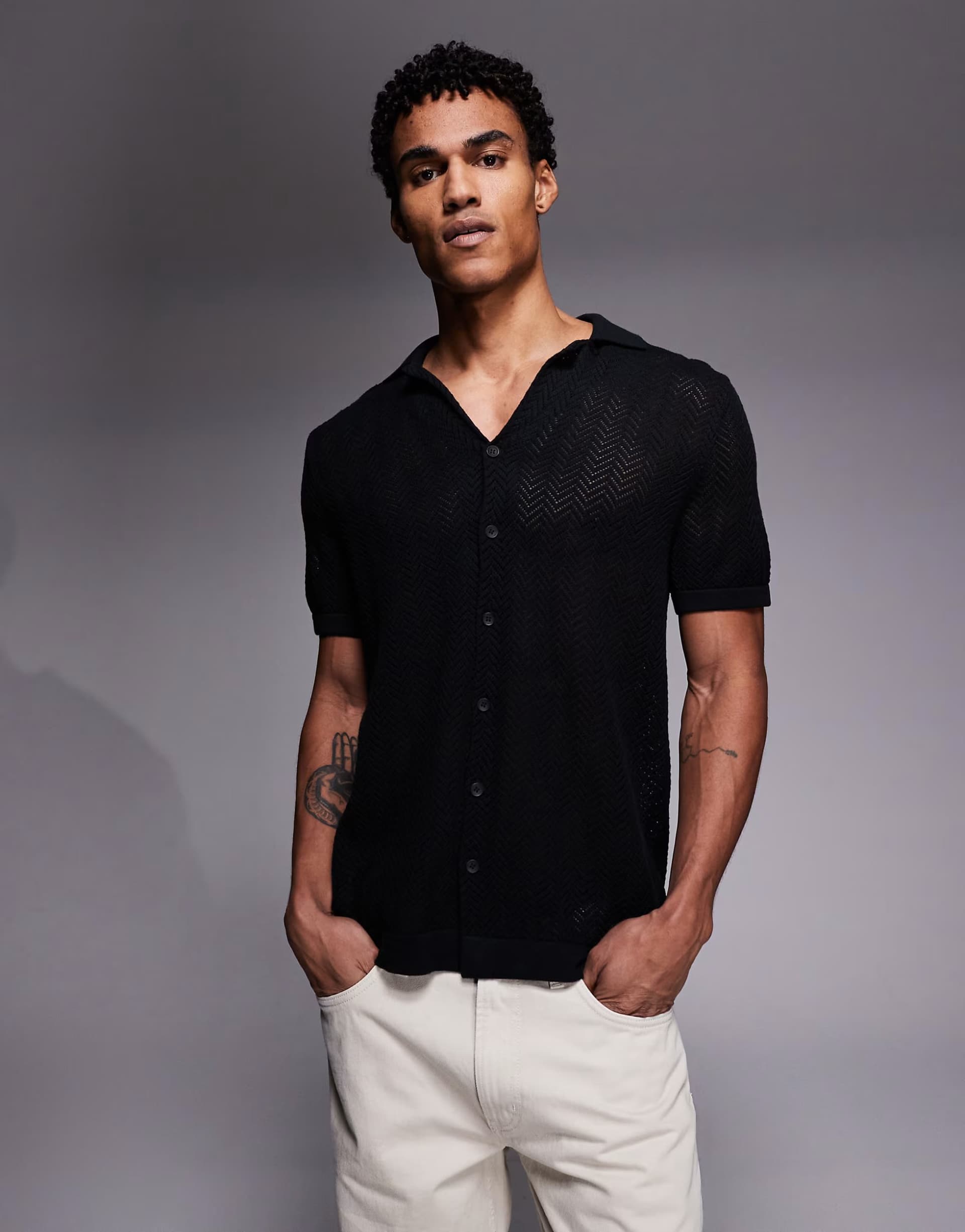 ASOS South Beach crochet revere shirt in black