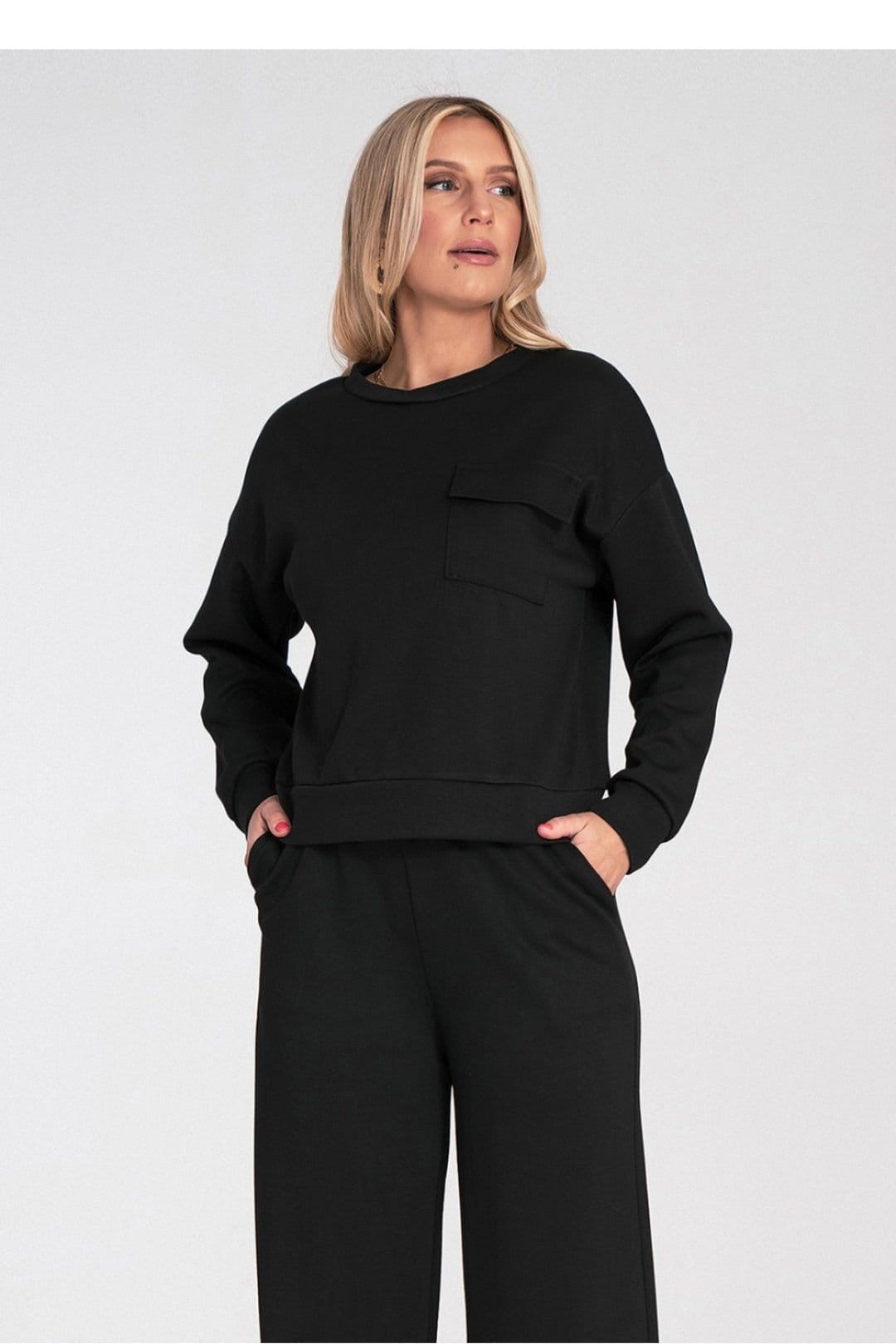 Love Lace Black Long Sleeve Round Neck Blouse with Chest Pocket